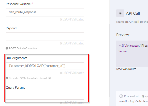 Setting URL arguments and params in the API Call Handler