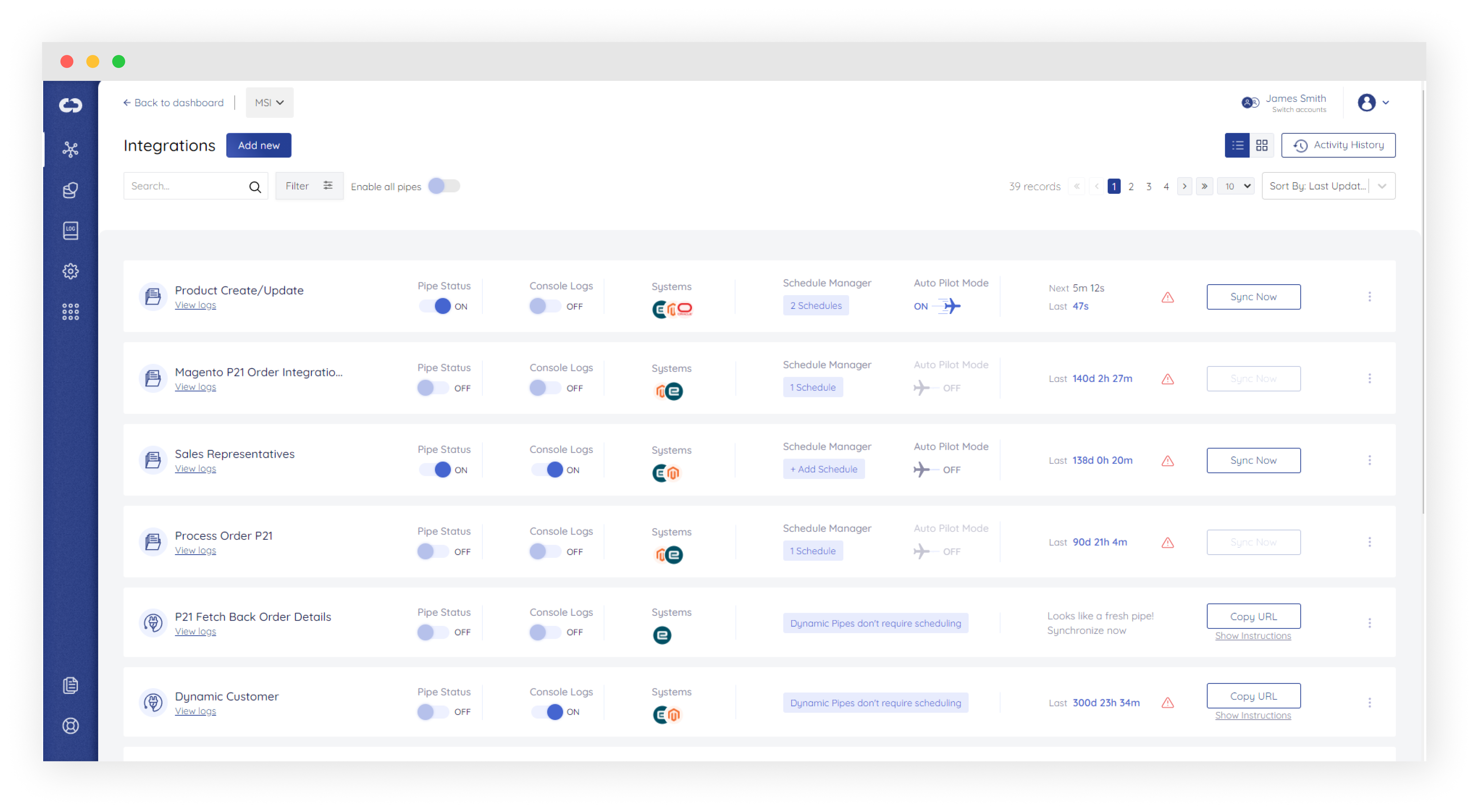 Integrations displayed as a List